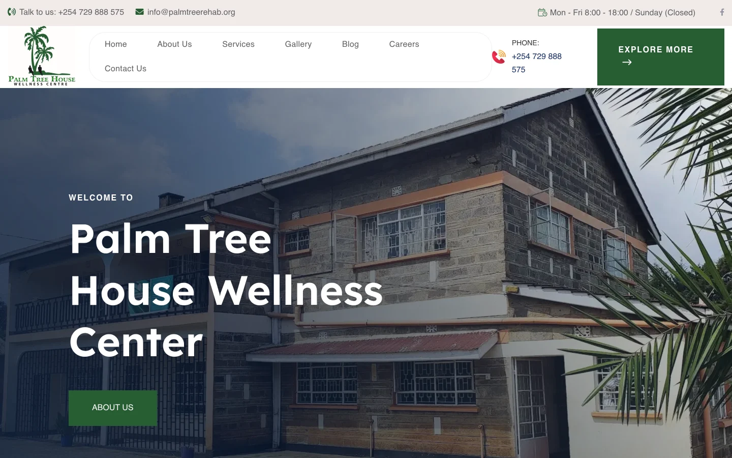 Palm Tree Rehabilitation Centre website homepage, designed and built by Clarity Media